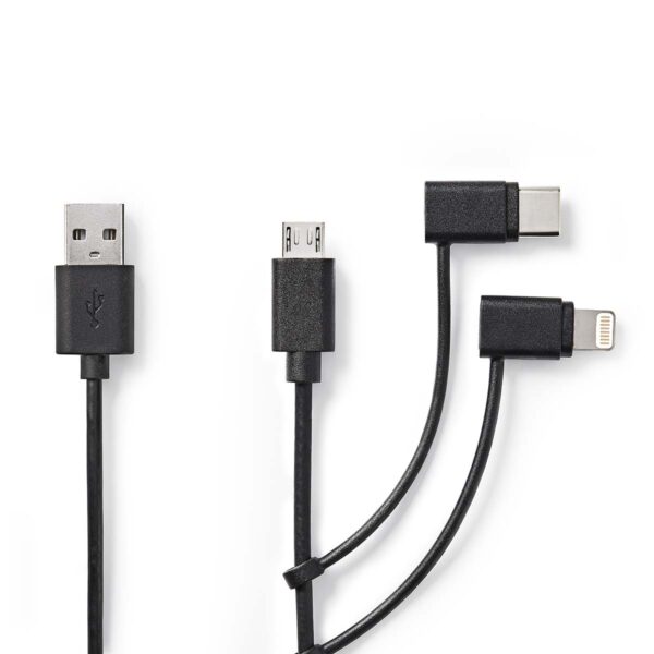 3-in-1-Kabel | USB 2.0 | USB-A Male | Apple Lightning 8-Pins / USB Micro-B Male / USB-C Male | 480 Mbps | 1.00 m | Vernikkeld | Rond | PVC | Zwart