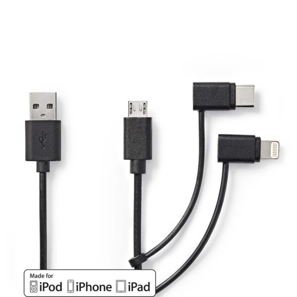 3-in-1 Sync and Charge-Kabel | USB-A Male - Micro B Male / Type-C Male / Apple Lightning 8-Pins Male | 1,0 m | Zwart