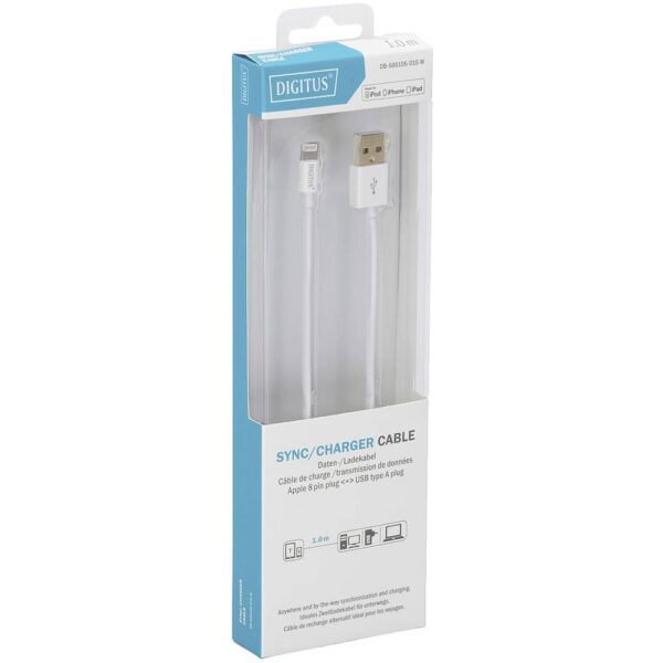 Digitus USB-kabel USB 2.0 USB-A stekker, Apple Lightning stekker 1.00 m Wit Afgeschermd, Afgeschermd (dubbel) DB-600106-010-W