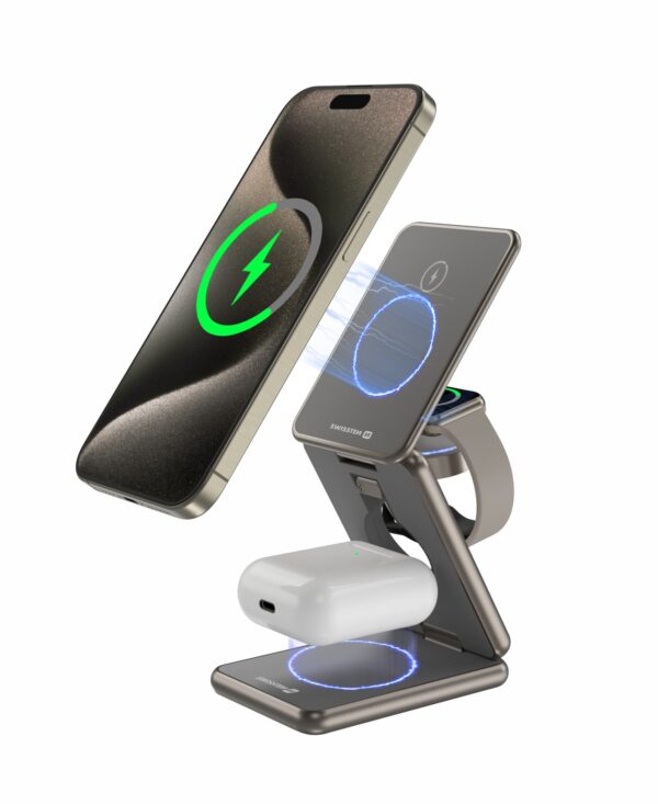Swissten Swissten 3 in 1 Draadloze Oplader Opvouwbaar - Magsafe Compatible standaard - 23W - Grijs