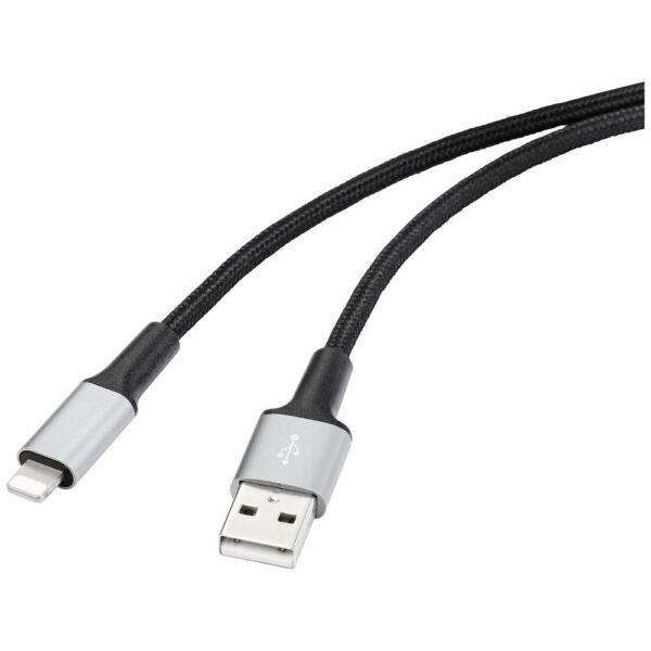 Renkforce USB, Apple Lightning Aansluitkabel 2.00 m Kabelmantel van gerecycled materiaal, Extreem robuust gevlochten bescherming, Flexibel, Extreem dun Zwart