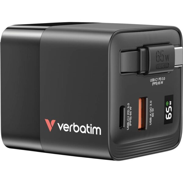 Verbatim GaN Charger 65 W Reislader 65 W 1x USB-A, 1x USB-C USB PD, USB PD 3.0, QC 3.0 Zwart Snellader, GaN, Met adapter voor Europa, Met adapter voor Verenigd