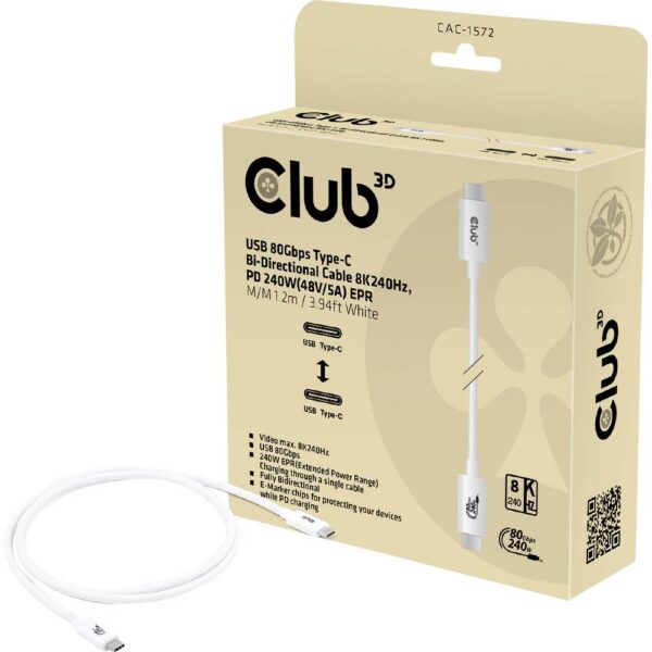 club3D USB-C-kabel USB 4.0 USB-C stekker 1.20 m Wit CAC-1572