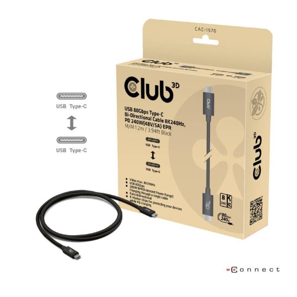 club3D USB-C-kabel USB 4.0 USB-C stekker 1.20 m Zwart CAC-1570