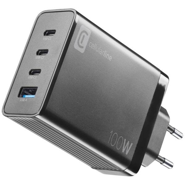 Cellularline ACHUSBGAN4WAL100WK USB-oplader 100 W 1x USB-A, 3x USB-C USB PD Zwart Snellader