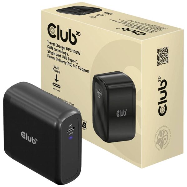 club3D CAC-1908 Laptop netvoeding 100 W 1x USB-C Zwart Binnen GaN, USB Power Delivery (USB-PD)