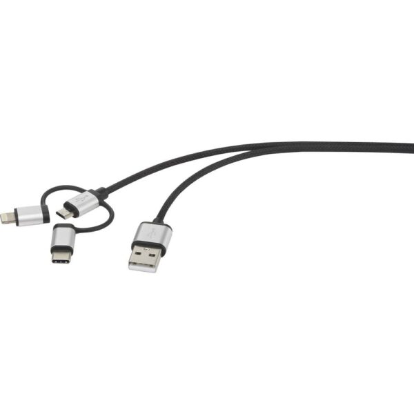 Renkforce USB-kabel USB 2.0 USB-A stekker, USB-C stekker, USB-micro-B stekker, Apple Lightning stekker 3.00 m Dark grey Gesleeved RF-3334578