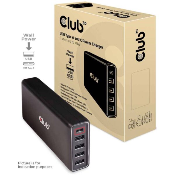 club3D Kabel USB-laadstation 111 W 4x USB-C, 1x USB-A USB PD Zwart Binnen
