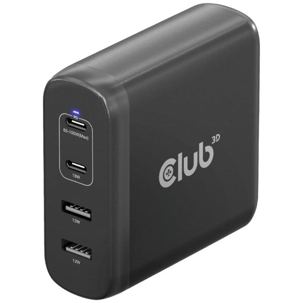 club3D CAC-1912 Laptop netvoeding 100 W 2x USB-A, 2x USB-C USB PD Zwart Binnen GaN, USB Power Delivery (USB-PD)