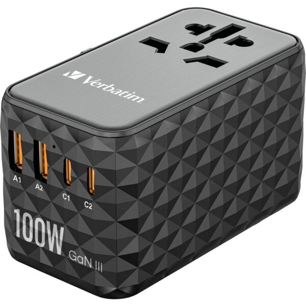 Verbatim UTA-06 GaN III USB-oplader 100 W 2x USB-A, 2x USB-C USB PD, USB PD 3.0, QC 4+, Fast Charge, SuperCharge, Adaptive Fast Charge, PPS Zwart, Grijs GaN