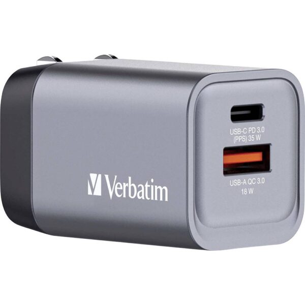 Verbatim GNC-35 GaN Reislader 35 W 1x USB-A, 1x USB-C USB PD, USB PD 3.0, QC 3.0 Grijs GaN, Met adapter voor Europa, Met adapter voor Verenigd Koninkrijk, Met