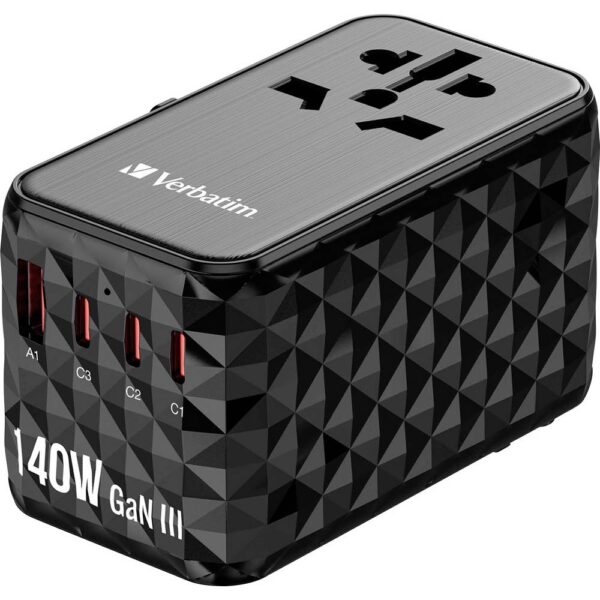 Verbatim UTA-10 GaN III Reislader 140 W 1x USB-A, 3x USB-C USB PD, USB PD 3.1, QC 3.0, QC 4+, PPS, Fast Charge, SuperCharge, Adaptive Fast Charge Zwart, Grijs