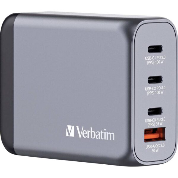 Verbatim GNC-100 Reislader 100 W 1x USB-A, 3x USB-C USB PD, USB PD 3.0, QC 3.0 Grijs GaN, Met adapter voor Europa, Met adapter voor Verenigd Koninkrijk, Met