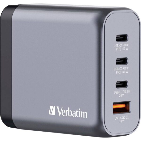 Verbatim GNC-140 GaN Reislader 140 W 1x USB-A, 3x USB-C USB PD, QC 3.0, USB PD 3.1 Grijs GaN, Met adapter voor Europa, Met adapter voor Verenigd Koninkrijk,